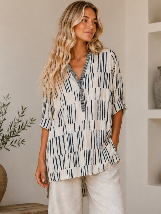 utsa Tops - Utsa Cotton Linen Blend Coastal Lagenlook Abstract Tunic Hi Low Small